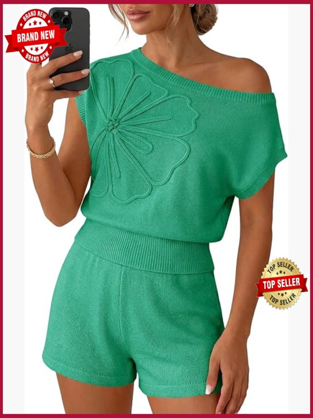 Off Shoulder 2 Piece Sweater Set Short Sleeve Floral Matching Lounge Shorts